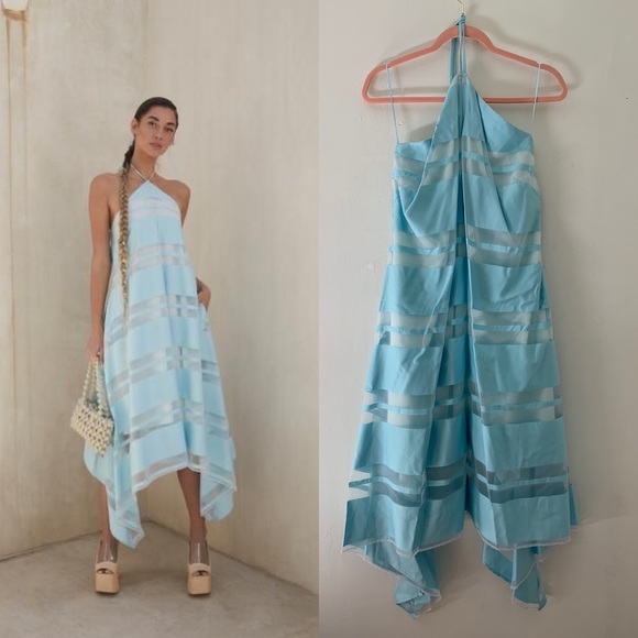 Rare Stunning Cult Gaia Blue Calla Asymmetrical Halter Dress Sz L